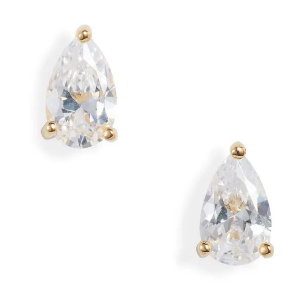 NWT Nordstrom Sterling Silver Clear Gold Pear Stud Earrings Cubic‎ Zirconia Drop